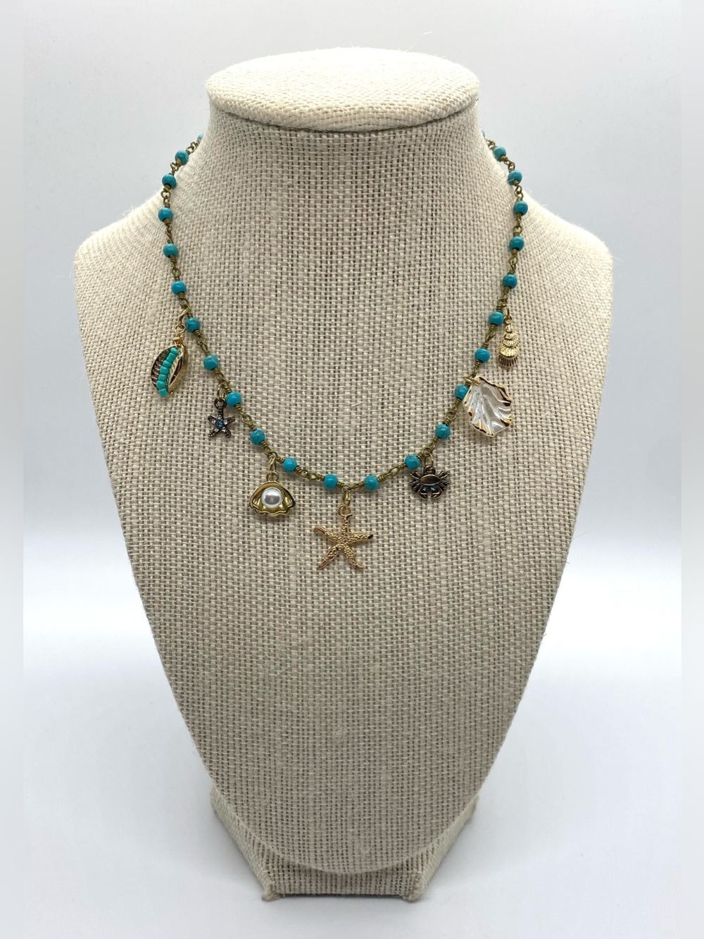 Blue Gold Beaded Necklace Beach Charms Boho Y2K Summer Preppy Eclectic Festival - Picture 2 of 15